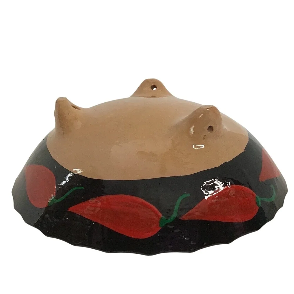 Vintage Mexican‎ Style Footed Bowl Hand Painted Red Chili Pepper Black Ceramic